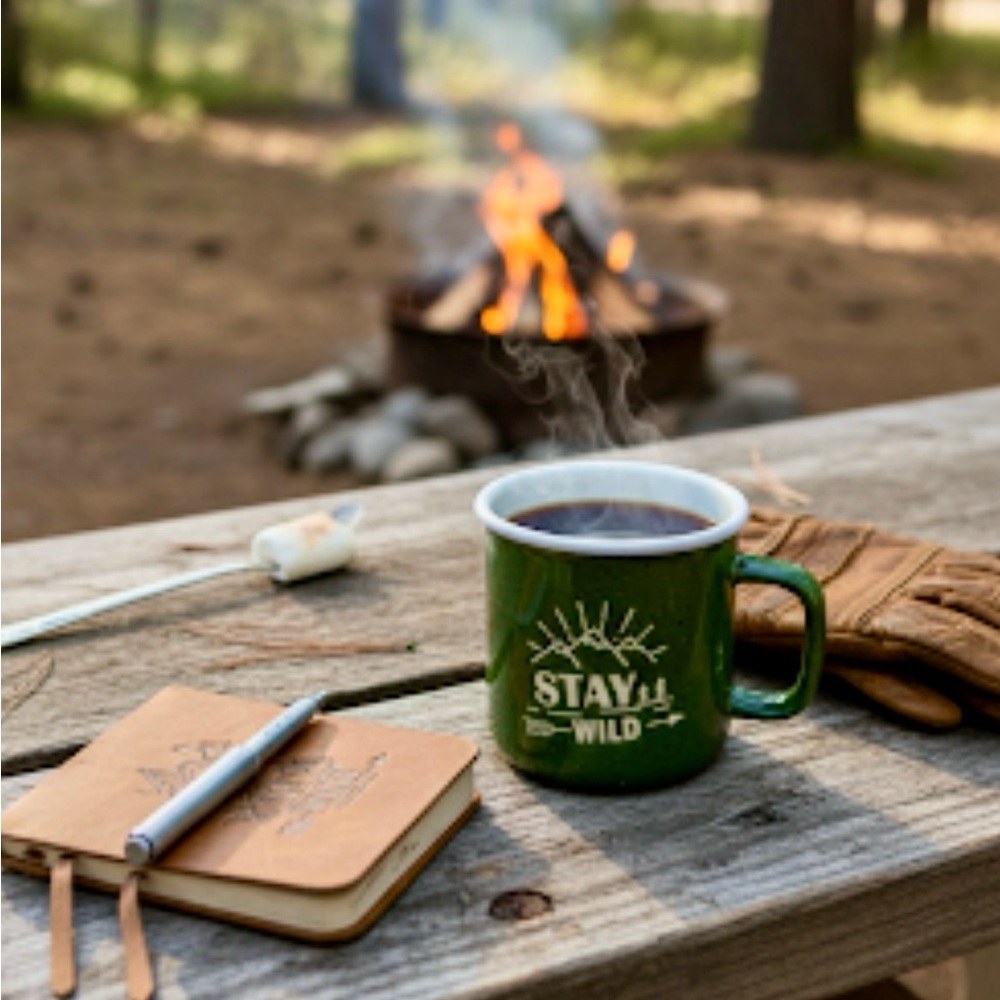 Stay Wild Retro Ceramic Coffee Mug Cup‎ Camping Outdoors RV Trees Mtns 4 x 4"